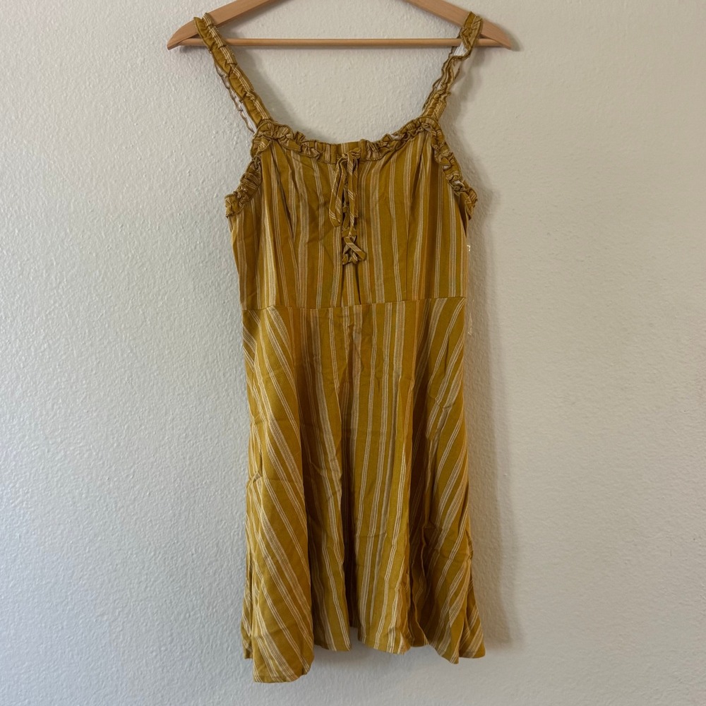 Speechless Dress Ruffle Strap Stripe Fit Flare XS Mustard Ivory NWT JB04462W459